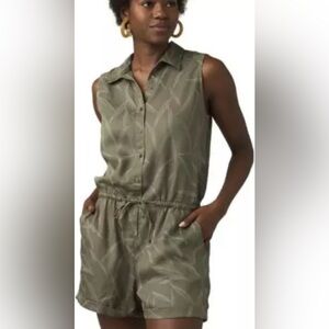 Prana Olive Sleeveless Button-Front Drawstring Romper